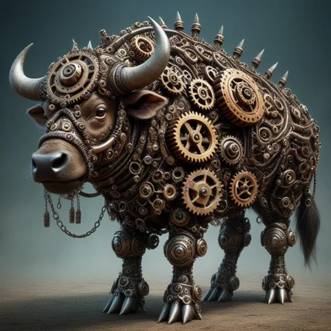 A Fierce Antropomorphic Water Buffalo Wearing Armor Made Of... — SDXL AI Prompt: A fierce antropomorphic water buffalo wearing armor made of gears