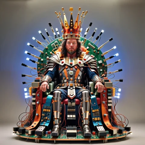 Transistors, An Enormous Majestic King Sitting On A Throne,... — SDXL AI Prompt: Transistors, an enormous majestic king sitting on a throne, EVERYTHING completel...