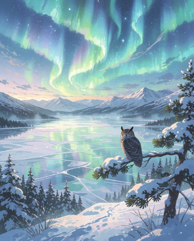 A Great Horned Owl Sits Motionless On A Snow-laden Pine Bran...