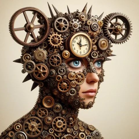 Creature Made Of Gears, Eyes On Side Of Head Are Clocks, Gea... — SDXL AI Prompt: creature made of gears, eyes on side of head are clocks, gear ears,