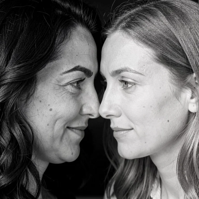 Close Up Black And White Photo Of A Woman And A Woman, Their...