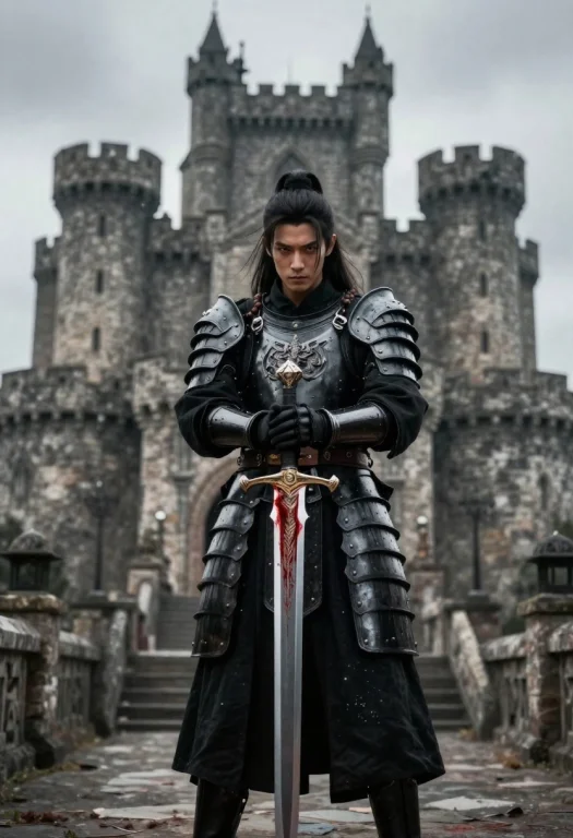 A Chinese Knight In Black Bright Armor , Holding A Exception...
