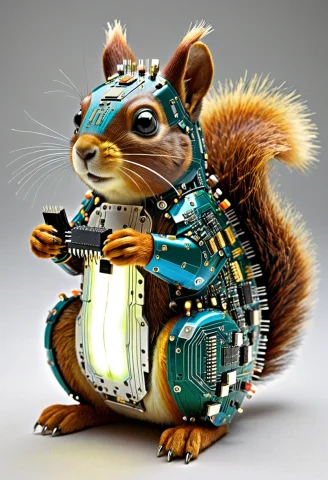 Transistors, Photorealistic, A Chubby Park Squirrel Assemble... — Stable Diffusion AI Prompt: Transistors, photorealistic, a chubby park squirrel assembled from tiny dense co...