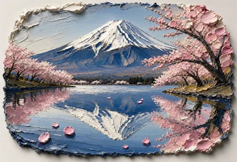 A Tranquil Japanese Landscape In A Single Frozen View Mount... — Stable Diffusion AI Prompt: A tranquil Japanese landscape in a single frozen view: Mount Fuji rises centrall...