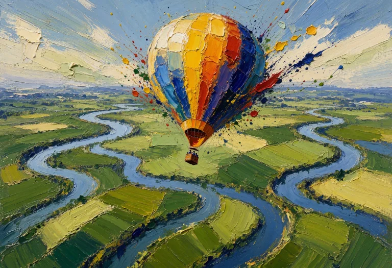A Hot Air Balloon Drifts Above A Patchwork Of Green Fields A...