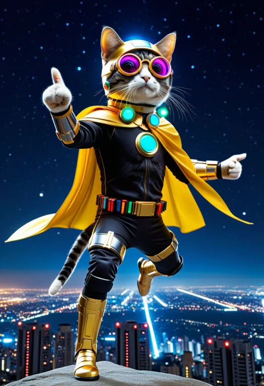 Closeup Colorful Transistors Hero Cat, Dynamic Martial Arts...