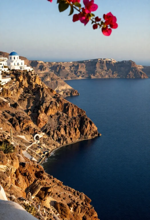 Colors Dramatic Volcanic Cliffs Of Santorini At Golden Hour,...