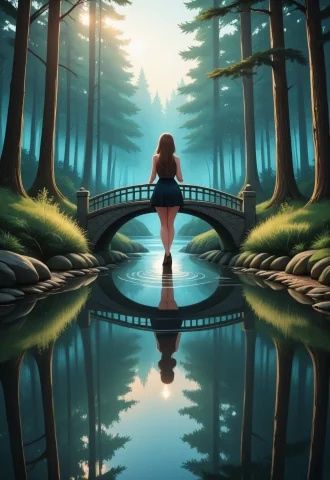 Woman Closeup, A Woman Standing On A Stone Bridge Over A Sma... — Stable Diffusion AI Prompt: woman closeup, A woman standing on a stone bridge over a small stream in the hea...
