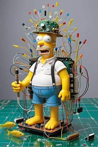 Scenery, A Homer Simpson With A Summer Hat Made Is Watching... — SDXL AI Prompt: scenery, a Homer SImpson with a summer hat made is watching fish in the ocean. p...