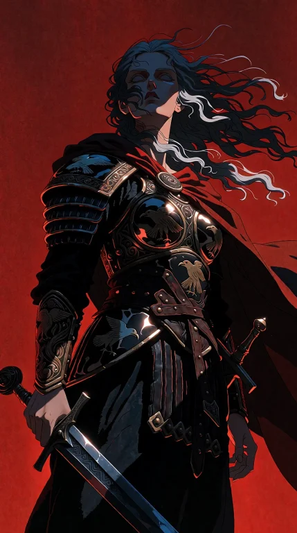 Fierce Ancient Norse Valkyrie, Pale Face, Long Windblown Sil...