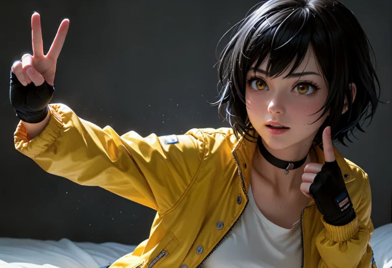 A Woman With Short Black Hair And A Yellow Jacket With Pink...