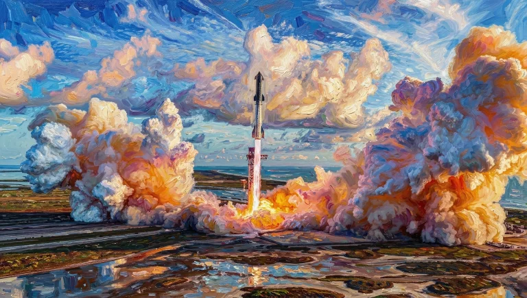 A Massive Starship Rocket Launching From A Coastal Launchpad...