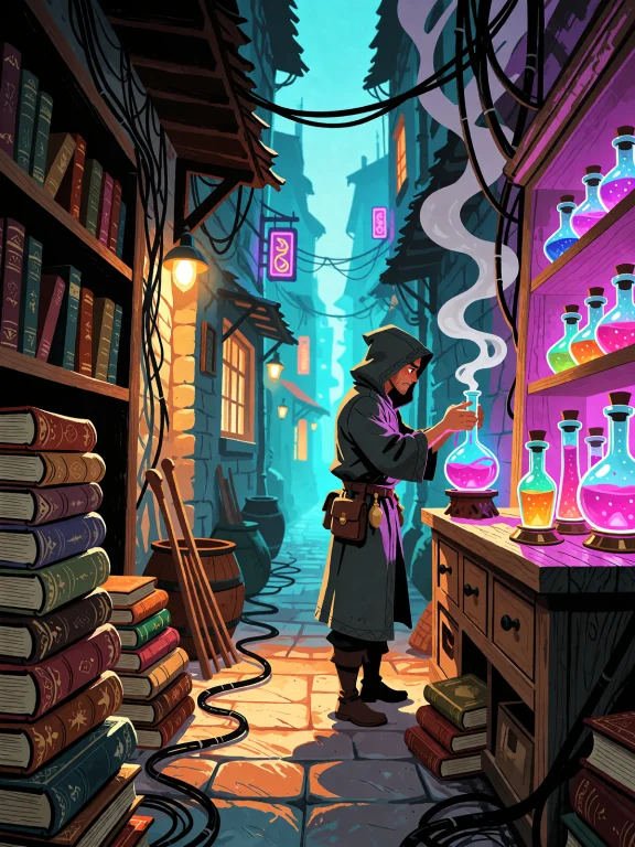 A Narrow Neon-lit Alleyway Shop Filled With Stacked Ancient...