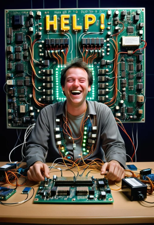 Transistors, A Man Sitting At A Desk, Front View, Laughing,...