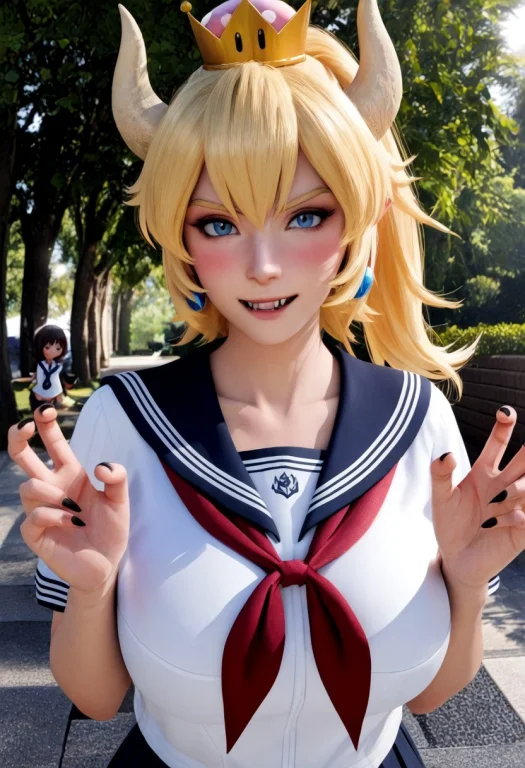 V3x-n41r, 1girl, Upper Body, Bowsette, Sailor Uniform, Blush...