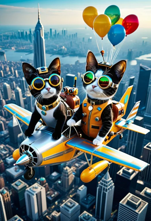 Two Cats Piloting Small Cute Two-seater Airplane Made Of Col...