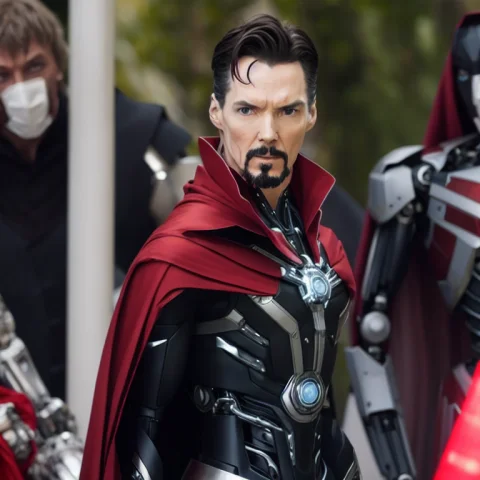 Itrobo2022 Cyborg Doctor Strange, Red Cape, High Collar, Sce... — Stable Diffusion AI Prompt: (itrobo2022)+++ cyborg Doctor Strange, (red cape, high collar)+++, scene from th...