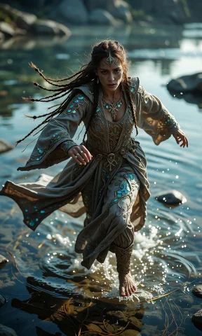 Rpgv7 A Female Grung Wizard With Box Braids, Dynamically Run... — Stable Diffusion AI Prompt: rpgv7 A female Grung Wizard with box braids, dynamically running through a prist...