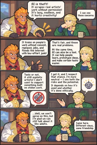 Pixel Art Webcomic Where The Main Guy Opposes Ai But The Oth... — Stable Diffusion AI Prompt: Pixel Art webcomic where the main guy opposes AI but the other pale short-haired...