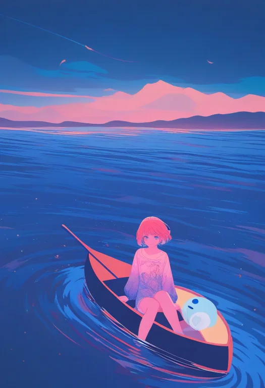 A Rowboat Drifting On A Still, Black Lake, Risograph Print,...
