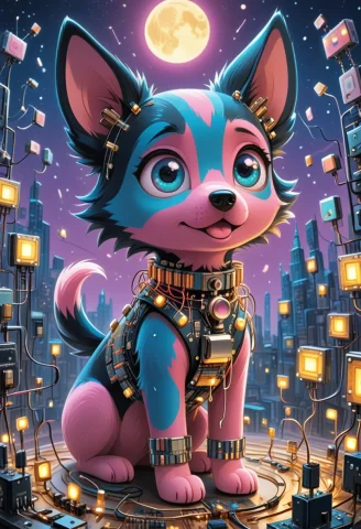 All Made Of Transistors, Cute Pink And Blue Dog, Stylized Wo... — SDXL AI Prompt: All made of Transistors, cute pink and blue dog, stylized world, big eyes, carto...