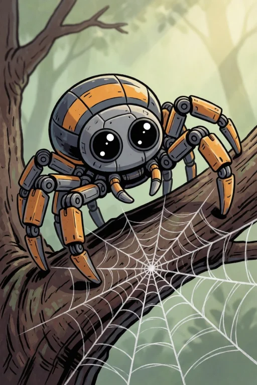 Mechanical Robot Cute Spider, On Tree Limb, Spider Silk Spun...