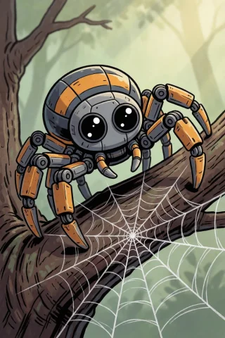 Mechanical Robot Cute Spider, On Tree Limb, Spider Silk Spun... — Stable Diffusion AI Prompt: Mechanical robot cute spider, on tree limb, spider silk spun in a web, big eyes,...