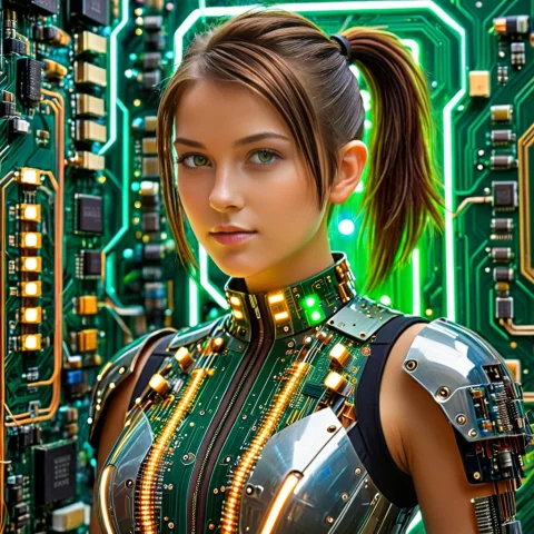 A Lively Technological Scene Dominated By Transistors, Featu... — SDXL AI Prompt: A lively technological scene dominated by Transistors, featuring dense circuitry...