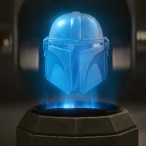 P3n, A Blue Transparent Hologram Of A Mandalorian Helmet On...