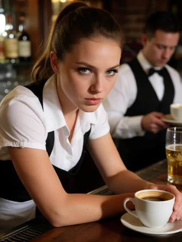 Cinematic Close-up Photograph Of A Woman In Waitress Attire... — Stable Diffusion AI Prompt: Cinematic close-up photograph of a woman in waitress attire leaning against a ba...