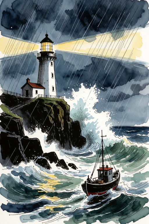 An Ink And Watercolour Illustration Of A White Lighthouse On...