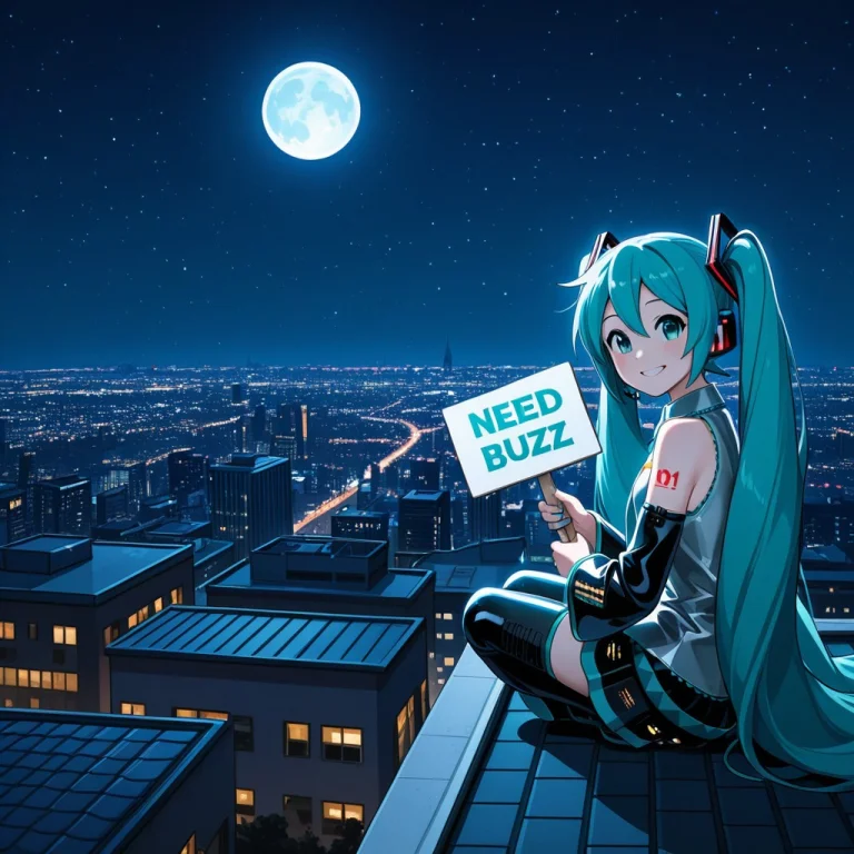 Hatsunemiku, Needbuzz, Holding Sign, Rooftop, Nighttime, Ful...