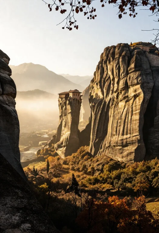 Colors Dramatic Towering Rock Pillars Of Meteora At Golden H...