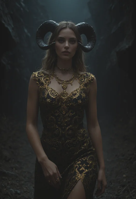 A Woman With Horns And A Gold Dress With A Black Background...