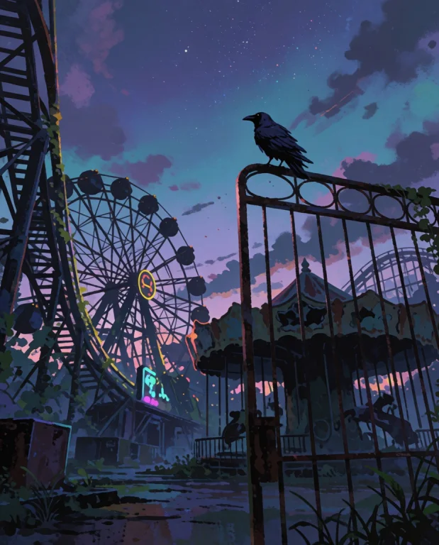 A Solitary Raven Perches Atop A Rusted Iron Gate, Gazing Out...