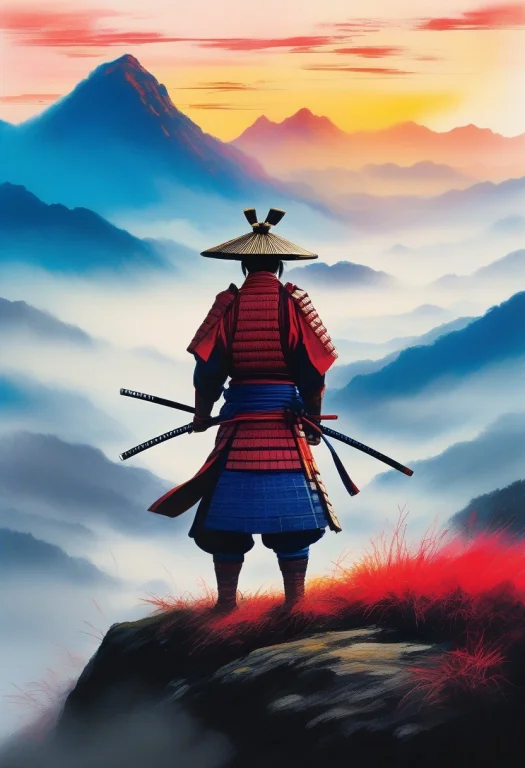 A Samurai Standing Watch On A Misty Ridge, Gouache Concept A...
