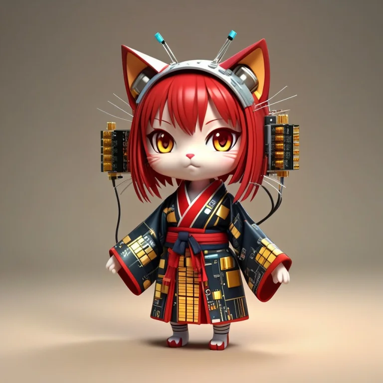 A 3d Chibi Anime Red Hair Cat Girl Wear Transistors Kimono