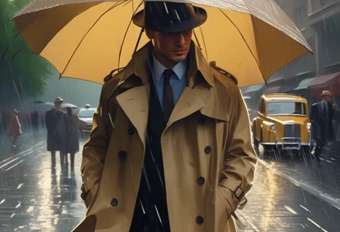 A Trench Coat Framed By Falling Rain, Expressive Brushwork,... — SDXL AI Prompt: a trench coat framed by falling rain, expressive brushwork, dappled sunlight, f1...