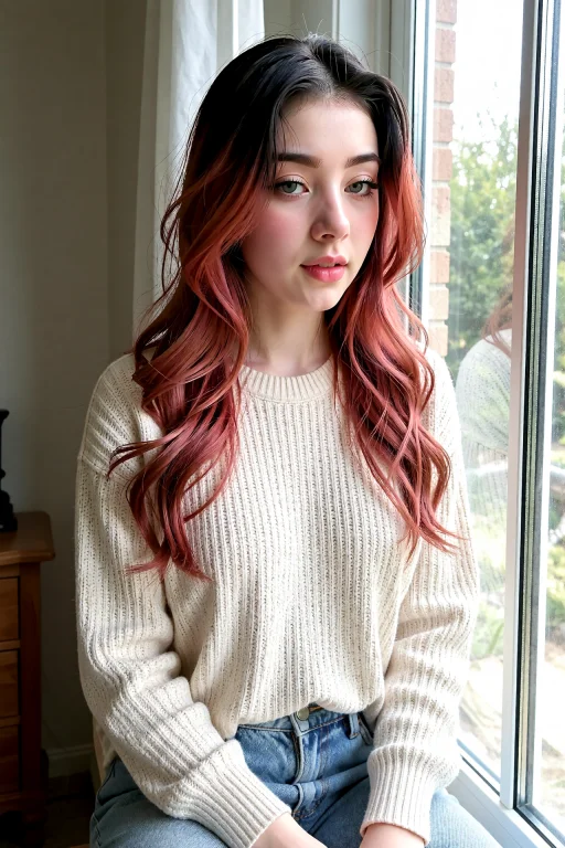Rei Sits By A Window Facing The Camera, Black-to-rose Ombre...