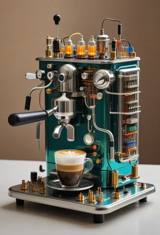Transistors, A Vintage Espresso Machine Rebuilt From Dense C... — SDXL AI Prompt: Transistors, a vintage espresso machine rebuilt from dense circuitry, colorful t...