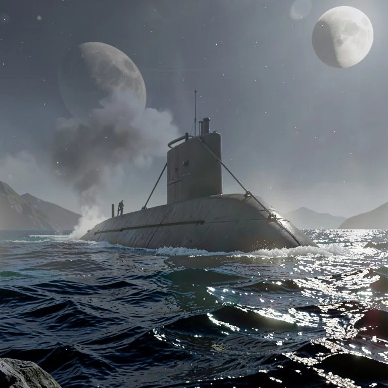 A Submarine Surfacing In A Moonlit Bay, Blender Render, Ray...