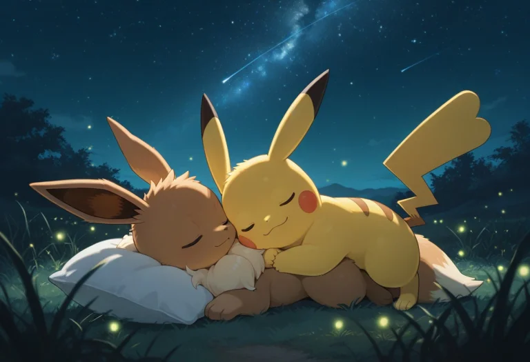 Pikachu, Eevee, Pokemon, Duo, Full Body, Closed Eyes, Outdoo...