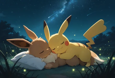 Pikachu, Eevee, Pokemon, Duo, Full Body, Closed Eyes, Outdoo... — Stable Diffusion AI Prompt: Pikachu, eevee, pokemon, duo, full body, closed eyes, outdoors, sky, lying, poke...