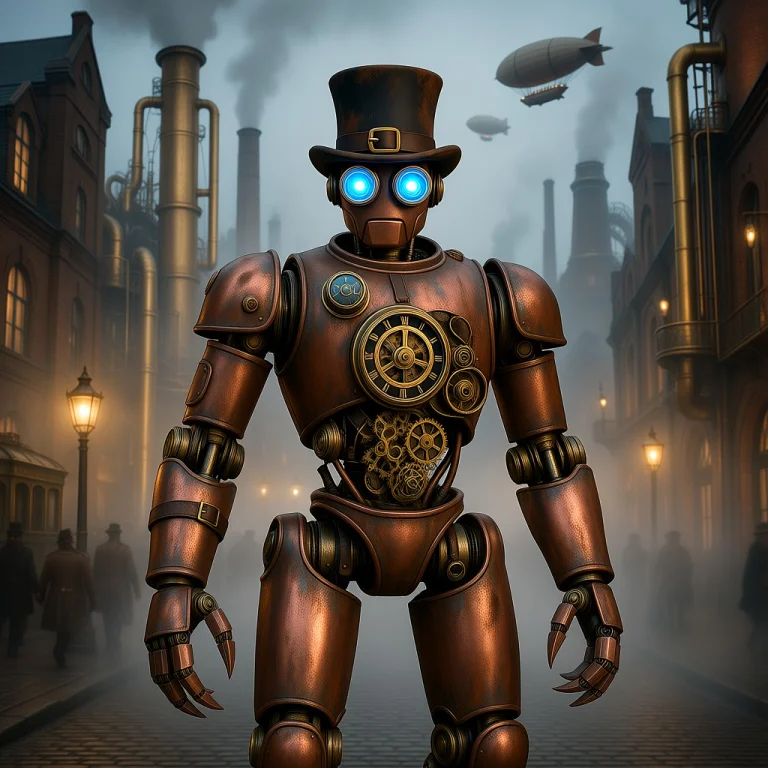 A Highly Detailed Steampunk Robot Standing In A Foggy Victor...