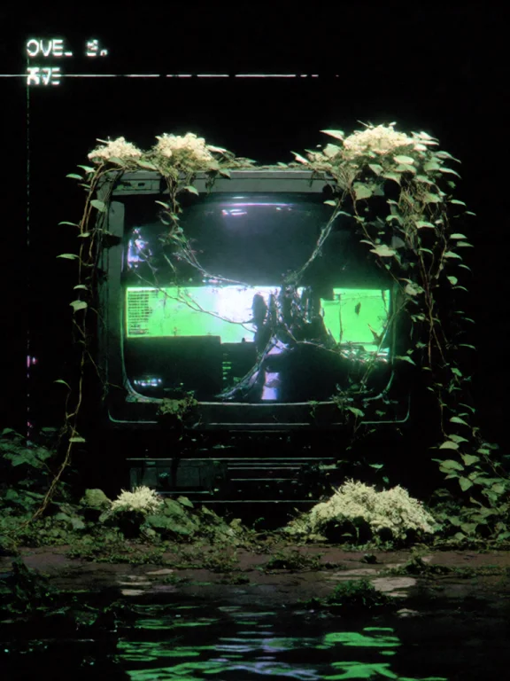 A Dead Crt Television Sits Alone In The Middle Of A Black Fl...