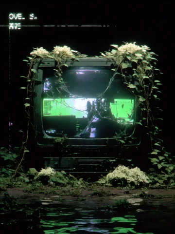A Dead Crt Television Sits Alone In The Middle Of A Black Fl... — Stable Diffusion AI Prompt: A dead CRT television sits alone in the middle of a black flooded basement, its...
