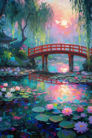 Luminous Impressionist Oil Painting Of A Quiet Japanese Gard... — Stable Diffusion AI Prompt: Luminous Impressionist oil painting of a quiet Japanese garden at sunrise. A cur...