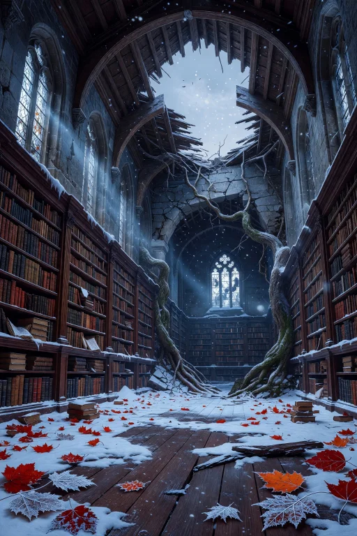 A Vast Abandoned Gothic Library Interior, Towering Mahogany...