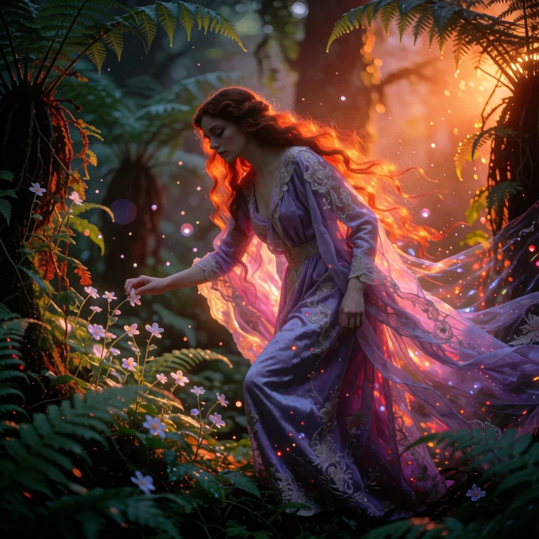 Low-angle Medium Shot, Ethereal Forest Lady With Luminous Po...