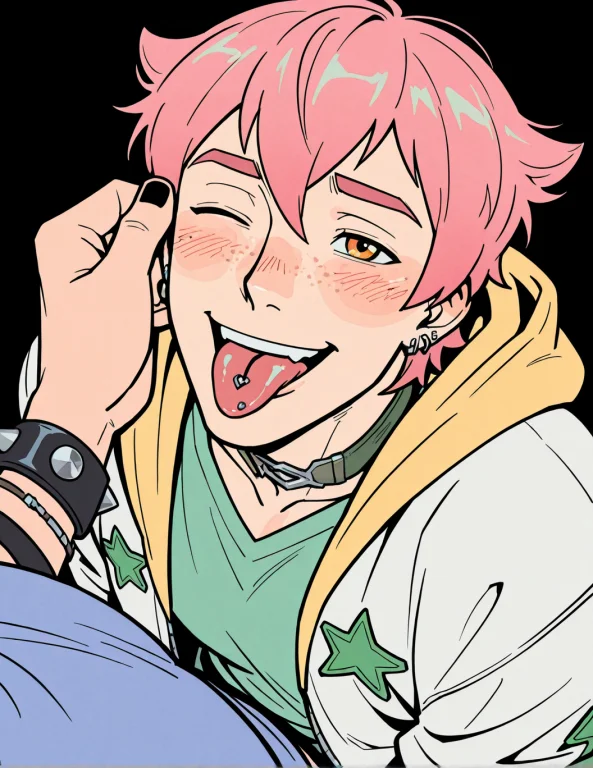 Ezrealh2, Freckles, Tongue Out, Tongue, Male Focus, Bracelet...